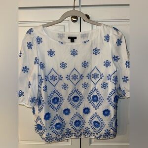 Ann Taylor White and Blue Embroidered Blouse